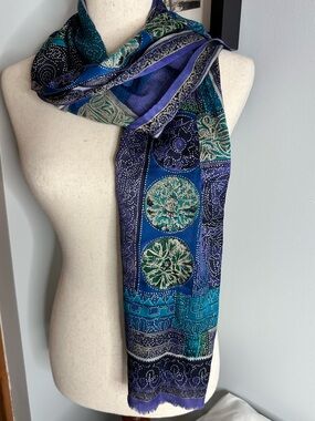 Vintage Oscar de la Renta  52”x 10.5” Silk Scarf with hand painted detail